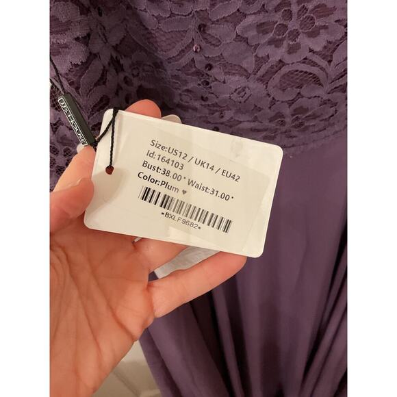 NWT JJ's House Lace Bodice Peplum Waist Plum Formal Floor Length Gown, sz 12 - Picture 5 of 9